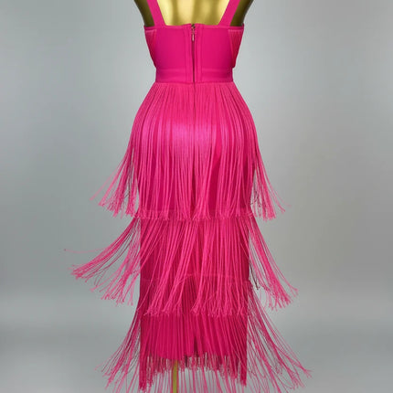 Hot Pink Asymmetrical Fringe Bandage Midi Dress & One-Shoulder Gala Party Dress