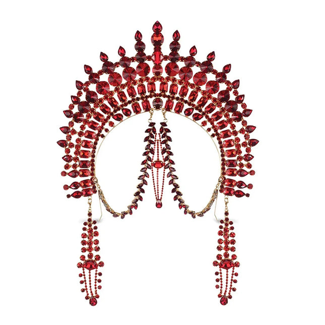 Exaggerated Rhinestone Tassel Crown Headpiece