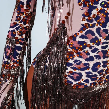 Leopard Sequin Fringe Asymmetrical Bodysuit One-Sleeve Stage Performance Costume