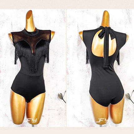 Black Open-Back Leotard & Leopard Print Fringe Skirt Latin Dance Costume Set