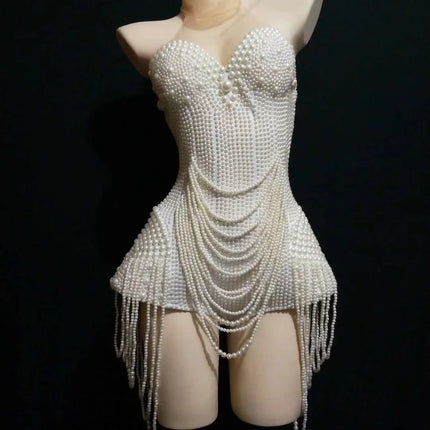 The Stardust Pearl Cascade Bodysuit – Luxury Beaded Tassel Showgirl Costume
