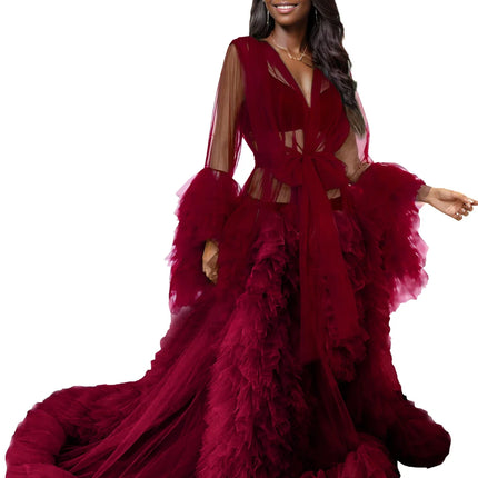Voluminous Illusion Tulle Ruffle Long Robe Dressing Gown