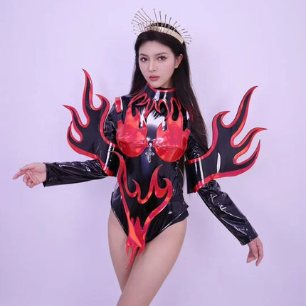 Flame Patent Leather Bodysuit & Sculpted Wing Shoulders 2-Piece Stage Costume Set
