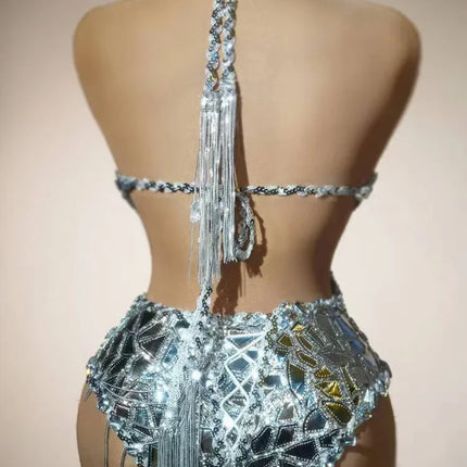 Silver Mirror Asymmetrical Bodysuit, Sculpted Captain Hat & Puffer Bolero Coat 3-Piece Stage Costume Set