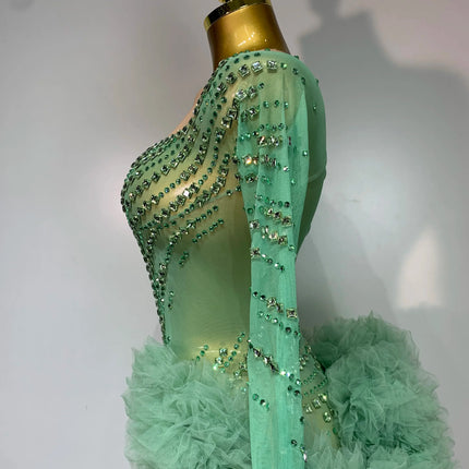 Luxury Green Diamonds Mesh See-Through Long Sleeve Jumpsuit Stage Performance Costume