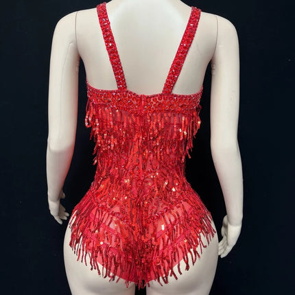 Sparkly Rhinestone & Tassel Bodysuit Stage Performance Dance Costume