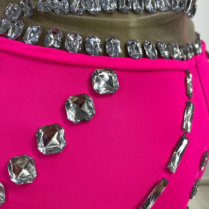 Hot Pink Rhinestone & Tulle Inset Open-Leg Maxi Evening Gown