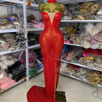 Crimson Red Rhinestone Sweetheart Slit Gown Floor-Length Trailing Evening Dress