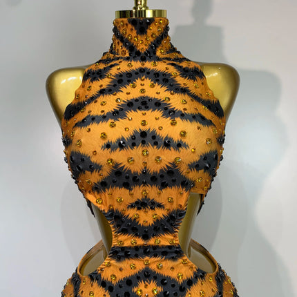 Tiger Print Rhinestone Catsuit Illusion Mesh Long-Sleeve Jumpsuit Stage Performance Costume