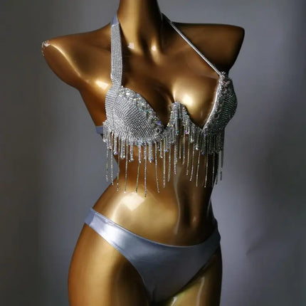 High-Fashion Crystal Mesh Bikini Set – Dazzling Rhinestone Bling Swimsuit & Showgirl Swimwear for Stage Performances & Raves