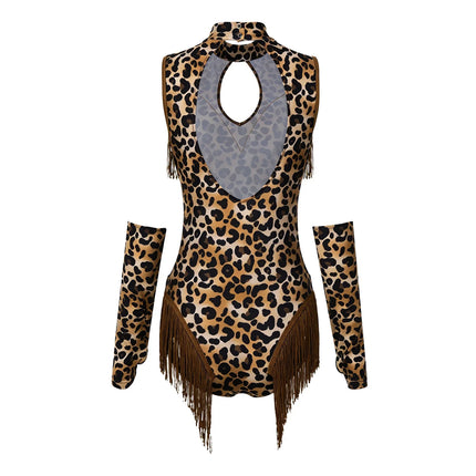 Leopard Cutout Bodysuit & Fringe Sleeves 2-Piece Latin Ballroom Stage Costume Set