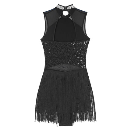 Women Sequins Diamond Latin Jazz Dance Costume Sleeveless Cutout Back Flowy Tassel Dress Leotard Tango Cha-Cha Samba Dancewear