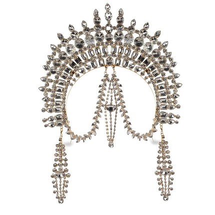 Exaggerated Rhinestone Tassel Crown Headpiece