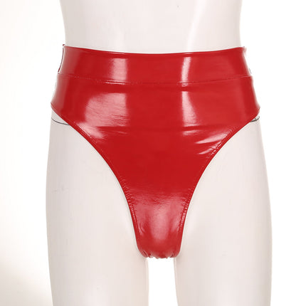 High-Waist Patent Leather Wet-Look Briefs with Adjustable Back Buckle Belt