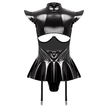 Glossy Wet-Look Halter Romper Bodysuit with Flared Skirt Hem & Integrated Garters