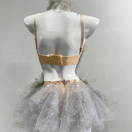 Sexy Nightclub Women Performance Stage Costume Shiny Rhinestones Mesh Bikini Bodysuit Dancer Pole Dancing Party Rave Outfit