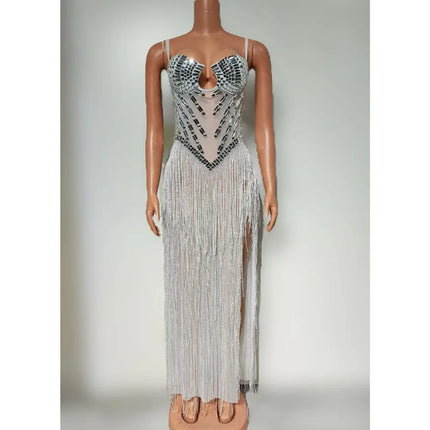 Strapless Rhinestone Fringe High-Slit Showgirl Gown – Glamour Stage Performance & Gala Evening Dress