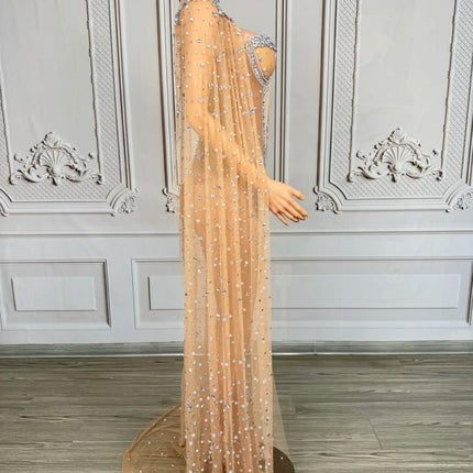 Sparkly Rhinestone & Pearl Mesh Evening Gown with Cloak Sleeves Stage Costume