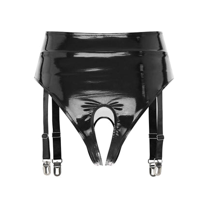 High-Waist Patent Leather Crotchless Thong & Garter Clip Lingerie