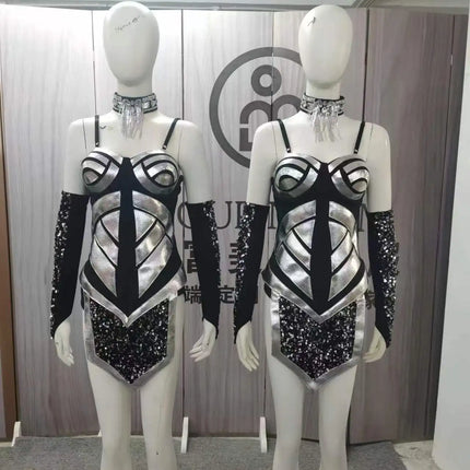 Silver Black Sequins Sling Bodysuit Long Gloves Performance Clothes Women Dance Team Singer Sexy Stage Wear Nightclub Costume
