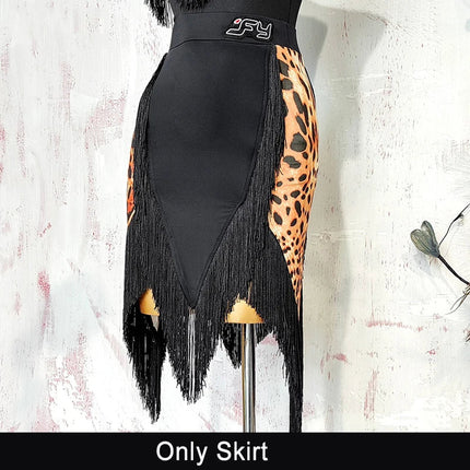 Black Open-Back Leotard & Leopard Print Fringe Skirt Latin Dance Costume Set
