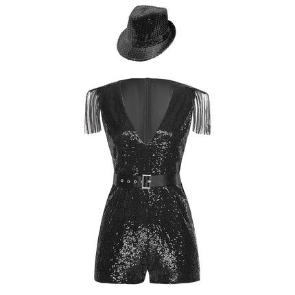 Sequin Tassel Romper, Adjustable Belt & Matching Hat Stage Dance Costume Set