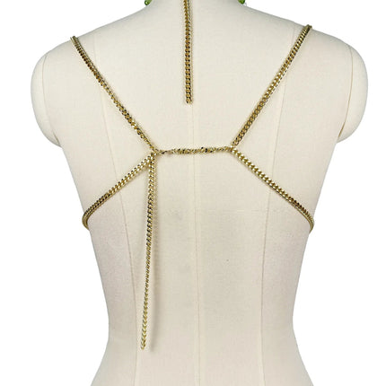 The Stardust Emerald Goddess – Handmade Green Rhinestone & Beaded Tassel Body Chain Halter Top
