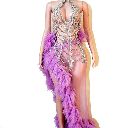 Purple Spiderweb Rhinestone Halter Bodysuit & Trailing Ruffle Tulle Skirt 2-Piece Stage Costume Set