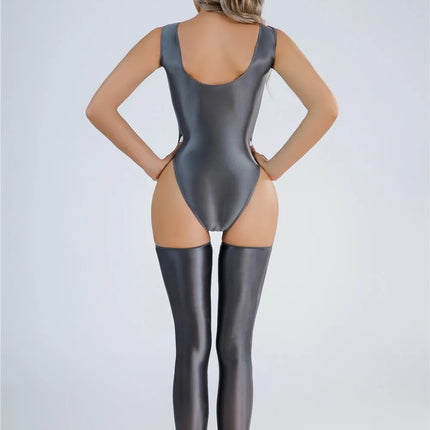 Backless High-Cut Oil Glossy Sheer Bodysuit & Matching Stockings Set