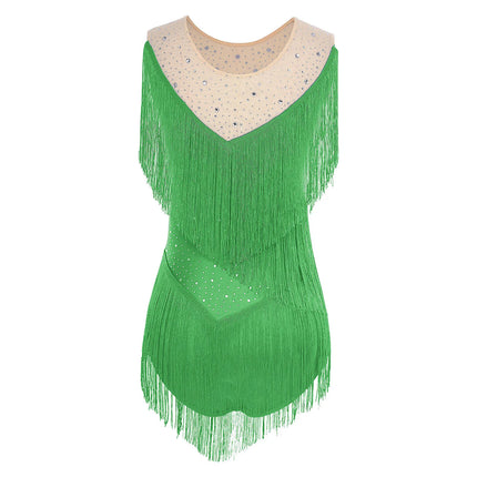 Sparkly Rhinestone & Tassel Fringe Latin Dance Leotard Crew Neck Bodysuit