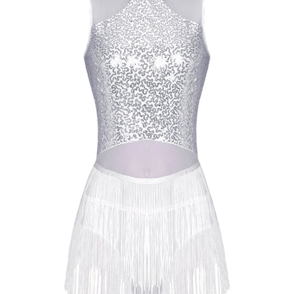 Women Sequins Diamond Latin Jazz Dance Costume Sleeveless Cutout Back Flowy Tassel Dress Leotard Tango Cha-Cha Samba Dancewear