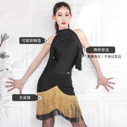 Black High-Neck Short-Sleeve Bodysuit & Gold Fringe Skirt Latin Dance Costume Set
