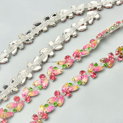 The Stardust Pink Blossom – Glitter Pink Leaf Glass Rhinestone Chain & Trim Applique