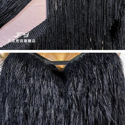 Black Fluffy Dance Leotard & Fringe Practice Skirt Latin Performance Costume Set