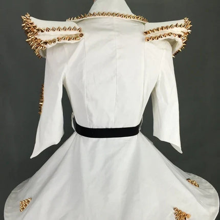 White Faux Leather Studded Stage Dress & Fluffy Skirt Pop Singer Costume Set
