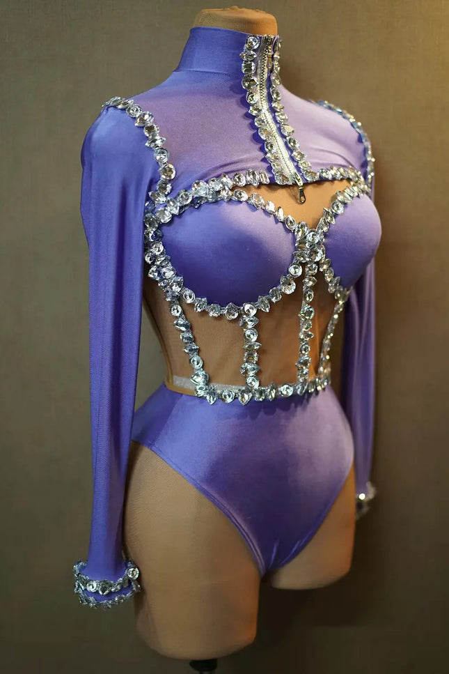 The Stardust Nebula Leotard – Long-Sleeve Rhinestone Stage Bodysuit