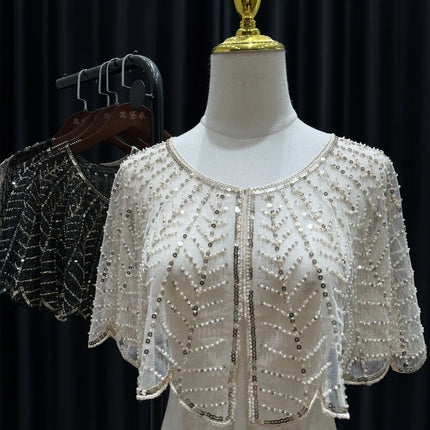 Sparkly Sequin & Beaded Leaf Mesh Capelet Evening Shawl Bolero Jacket