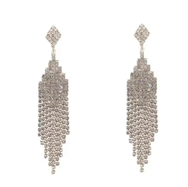 Vintage Crystal Tassel Drop Earrings – Elegant Geometric Multi-Strand Statement Earrings for Weddings, Galas & Evening Wear