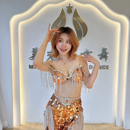 Luxury Diamond Bra & Sequin Tassel Skirt Oriental Belly Dance Competition Set