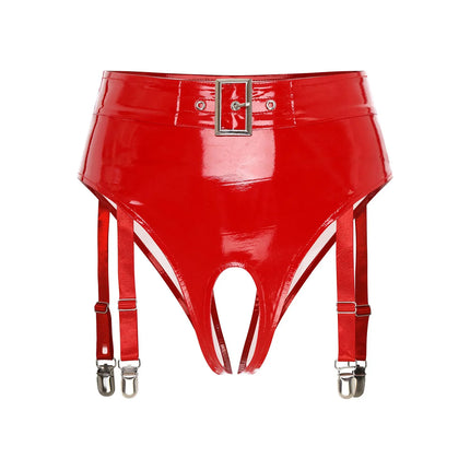 High-Waist Patent Leather Crotchless Thong & Garter Clip Lingerie