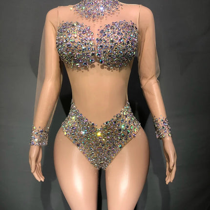 Sparkly AB Rhinestone Sheer Mesh Bodysuit & Stage Performance Costume