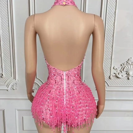 Crystal Rhinestone Fringe Sleeveless Bodysuit & Aerial Dance Leotard Costume