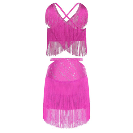 Sparkly Rhinestone & Tassel Fringe Two-Piece Latin Tango Dance Outfit Set