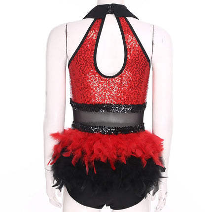 Women's Shiny Sequin Sheer Mesh Feather Latin Jazz Dance Bodysuit