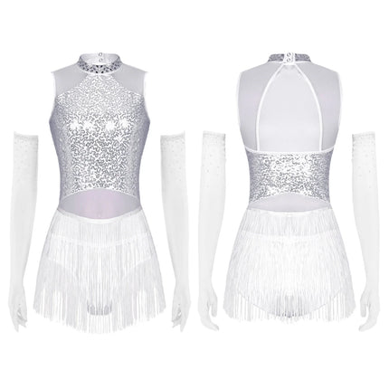 Sparkly Sequin & Fringe Dance Dress with Gloves Latin Stage Performance Costume