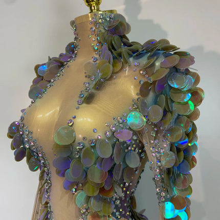 Iridescent Mermaid Scale Sequin & Rhinestone Illusion Bodysuit Stage Costume
