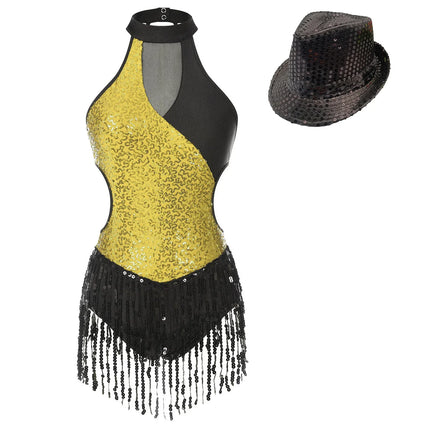 Sequined Fringe Latin Dance & Figure Skating Jumpsuit Leotard Set with Mesh Gloves