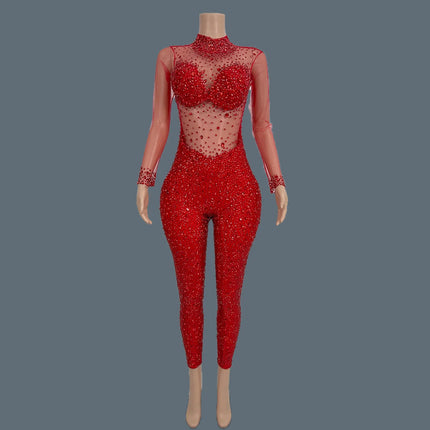 Sparkly Crystal Mesh Sheer Illusion Jumpsuit Stage Catsuit Costume