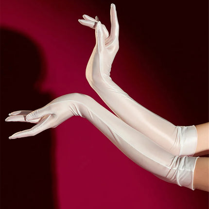 Oil Glossy Satin Smooth Five-Finger Long Elbow Gloves High-Stretch Luxury Evening Gloves