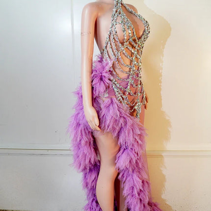 Purple Spiderweb Rhinestone Halter Bodysuit & Trailing Ruffle Tulle Skirt 2-Piece Stage Costume Set
